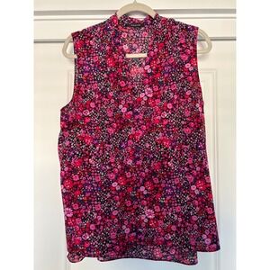 Tahari Womens Floral Sleeveless Blouse Career Pink Purple V-Neck Top Large